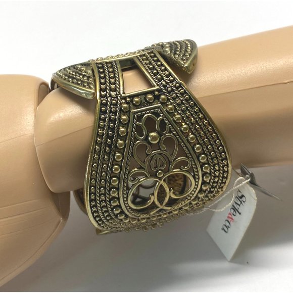 Bronze Tone Bracelet Stretch Chunky Art Deco Textured Filagree Style & Co - Picture 6 of 10